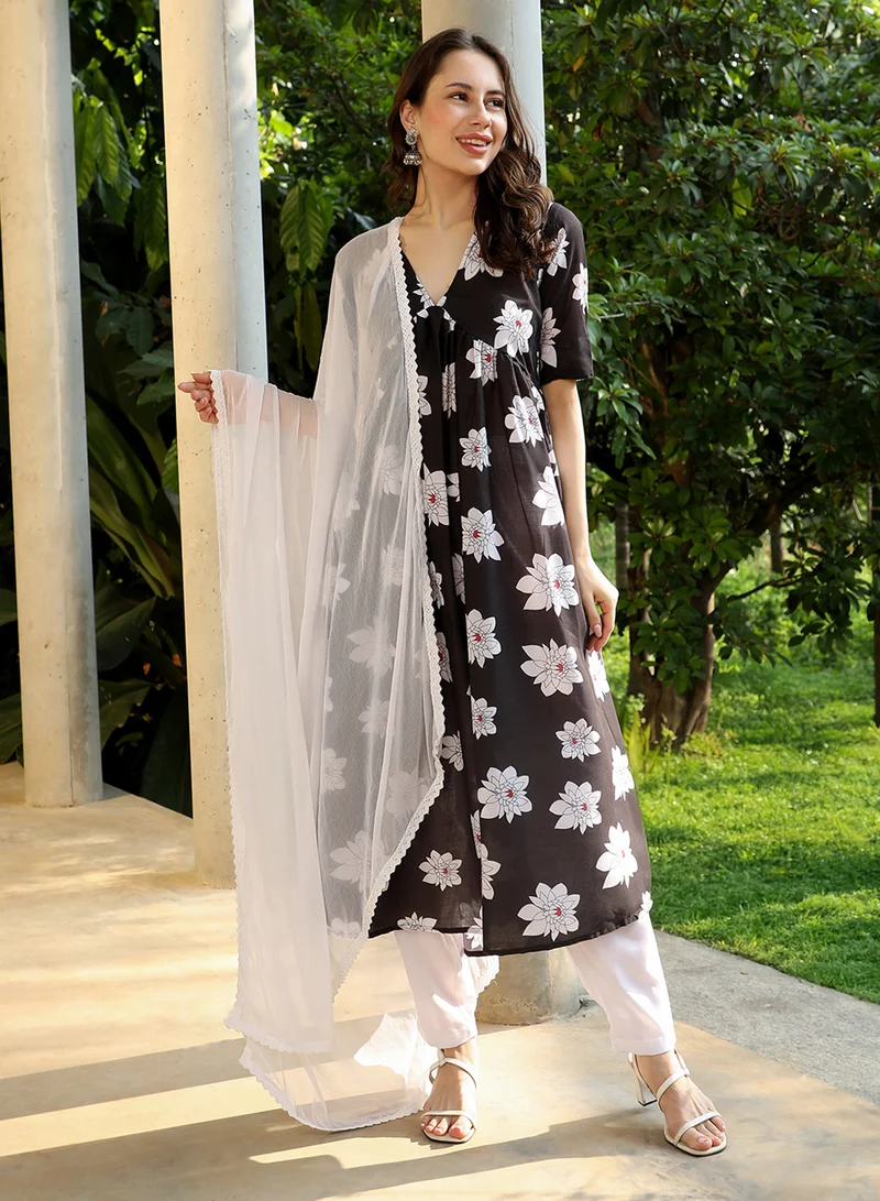 QISSA Women's Midnight Black Water Lilies Kurta With Trousers And Dupatta For Casual Wear | V-Neck | Short Regular Sleeves | 3 Piece Kurta Set Designed With Comfort Fit For Everyday Ethnic Wear